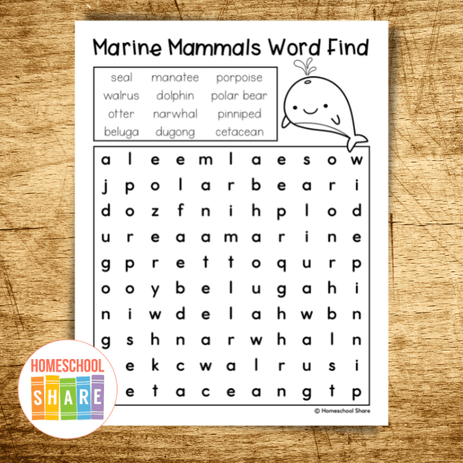 Marine Mammals Word Search Homeschool Share